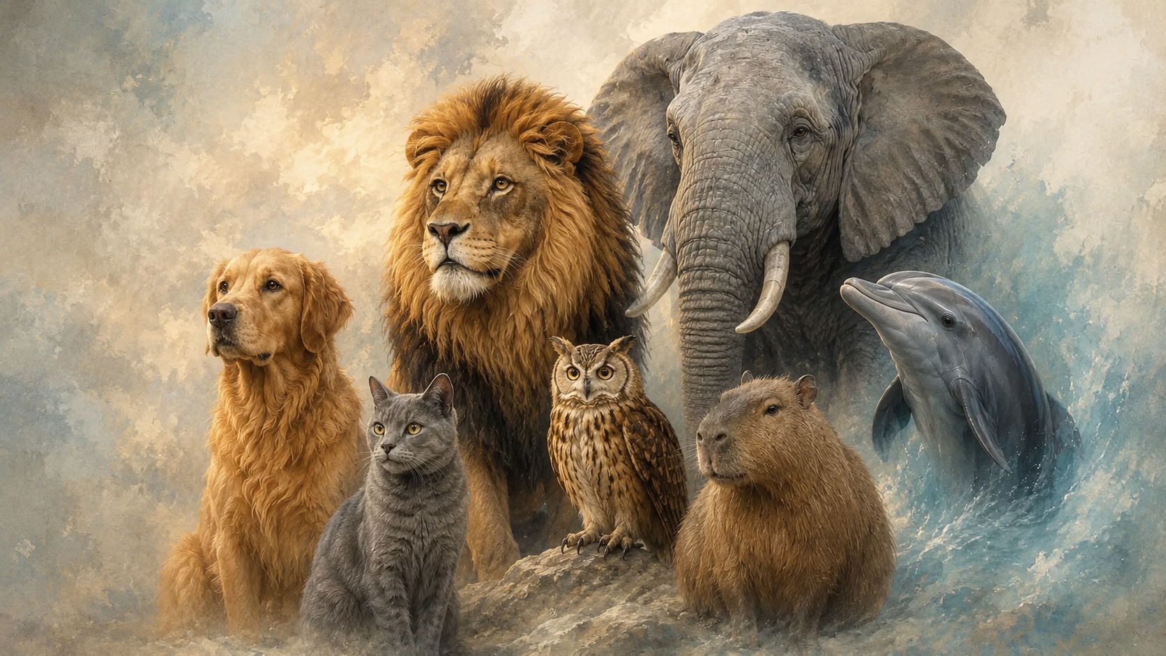 Лев, собака, кошка, сова, дельфин, слон и капибара